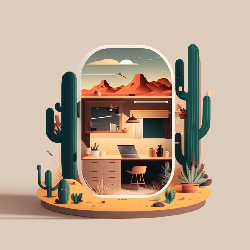 Illustration for Programmation: desk with laptop inside window frame surrounded by cactus and desert mountains